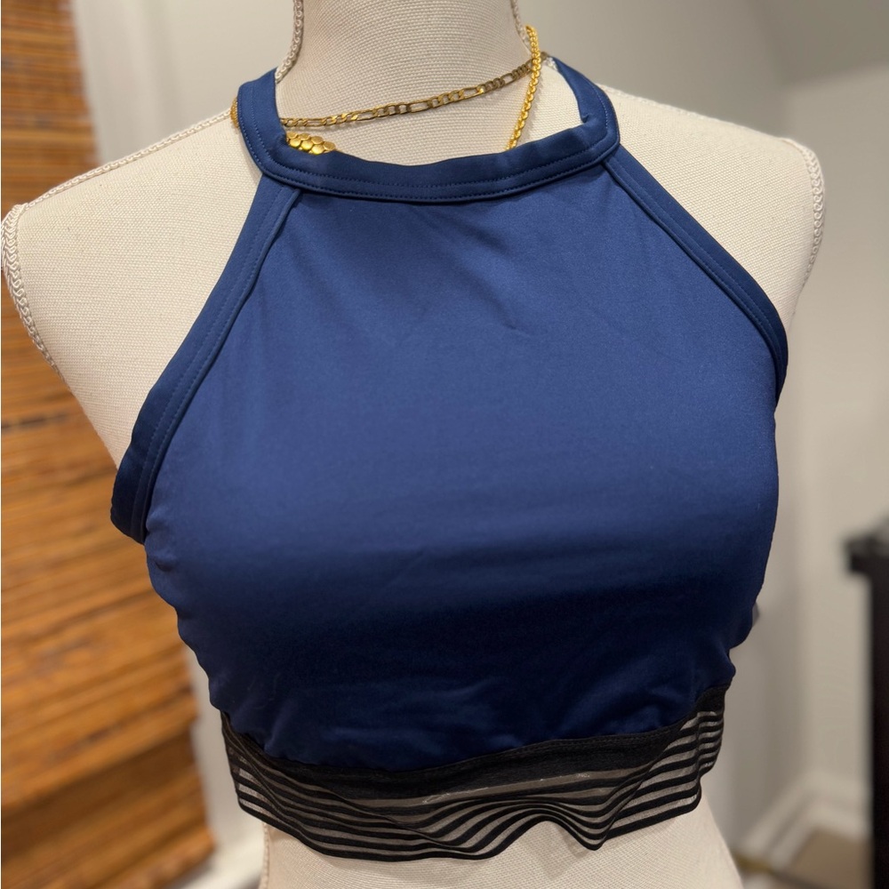 Elegant Blue Halter Top with Mesh Accent